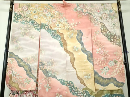 平和屋着物●越後十日町の一流染匠　桐屋・翠山工房　振袖　絞り　辻が花　金通し地　正絹　逸品　DAAV6497ps