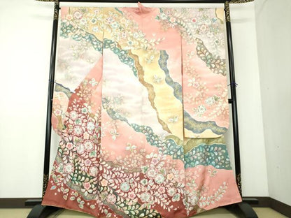 平和屋着物●越後十日町の一流染匠　桐屋・翠山工房　振袖　絞り　辻が花　金通し地　正絹　逸品　DAAV6497ps