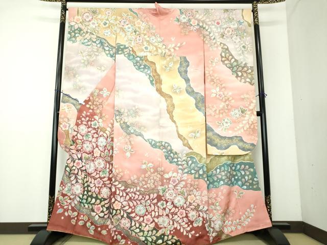 平和屋着物●越後十日町の一流染匠　桐屋・翠山工房　振袖　絞り　辻が花　金通し地　正絹　逸品　DAAV6497ps