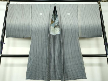 平和屋着物●男性　色紋付　お召地　羽織セット　キングサイズ　長羽織　菱文　錫色　正絹　逸品　DAAV6526ps