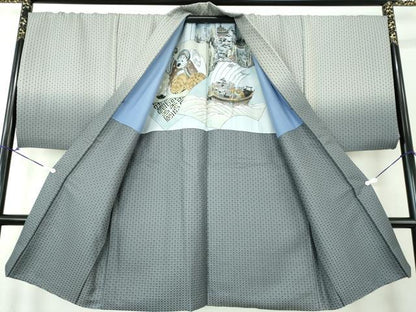 平和屋着物●男性　色紋付　お召地　羽織セット　キングサイズ　長羽織　菱文　錫色　正絹　逸品　DAAV6526ps
