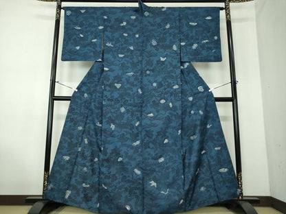 平和屋着物●本場染大島紬 松竹梅 型染 藍 風景花文 正絹 逸品 DAAV6650ps