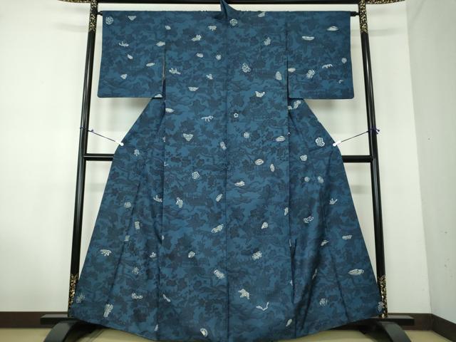 平和屋着物●本場染大島紬 松竹梅 型染 藍 風景花文 正絹 逸品 DAAV6650ps