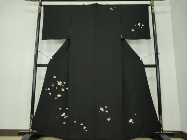 平和屋着物●訪問着　駒刺繍　宝尽くし　黒地　金彩　正絹　逸品　DAAV6685ps