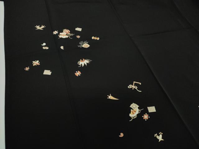 平和屋着物●訪問着　駒刺繍　宝尽くし　黒地　金彩　正絹　逸品　DAAV6685ps