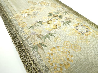 平和屋着物●ひなや工房　くむ・あむ・おる　伊豆蔵明彦　太鼓柄袋帯　刺繍　正倉院花文　金糸　正絹　逸品　未使用　DAAV6751ps