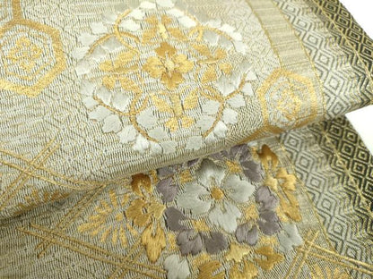 平和屋着物●ひなや工房　くむ・あむ・おる　伊豆蔵明彦　太鼓柄袋帯　刺繍　正倉院花文　金糸　正絹　逸品　未使用　DAAV6751ps