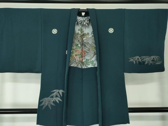 平和屋着物●男性　色紋付　羽織セット　着物・御召御納戸色　羽織・百入茶色　正絹　逸品　DABD1699ps