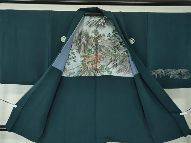 平和屋着物●男性　色紋付　羽織セット　着物・御召御納戸色　羽織・百入茶色　正絹　逸品　DABD1699ps