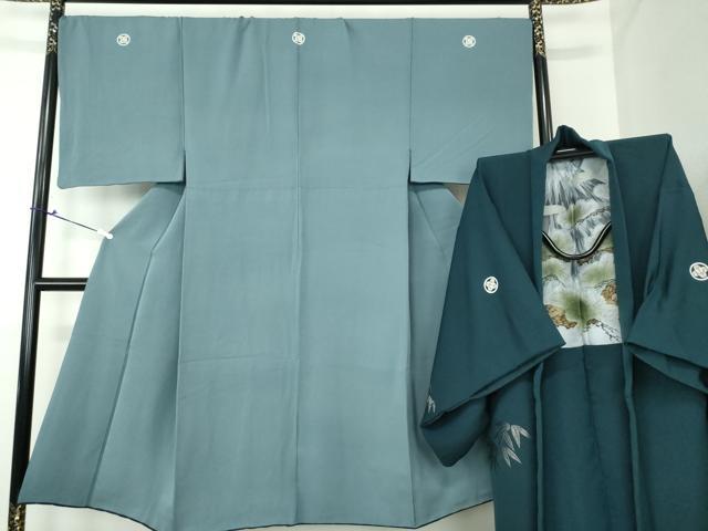 平和屋着物●男性 色紋付 羽織セット 長羽織 着物・御召御納戸色 羽織・百入茶色 正絹 逸品 DAAV6861ps