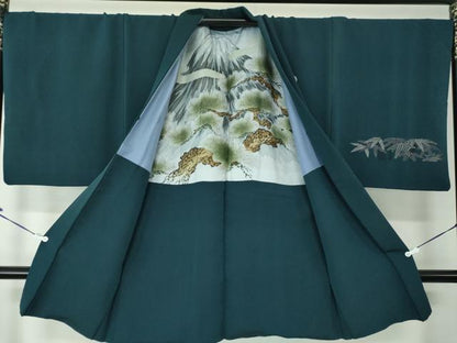 平和屋着物●男性 色紋付 羽織セット 長羽織 着物・御召御納戸色 羽織・百入茶色 正絹 逸品 DAAV6861ps