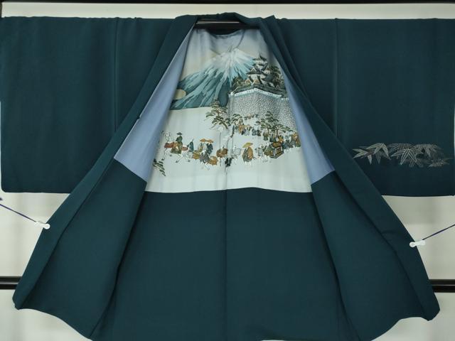 平和屋着物●男性　色紋付　羽織セット　長羽織　着物・御召御納戸色　羽織・百入茶色　正絹　逸品　DABD1700ps