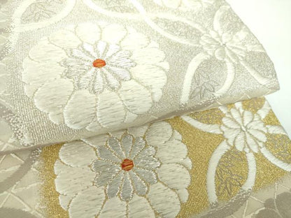 平和屋着物●六通柄袋帯　絹浮織　市松花文　本金箔　正絹　逸品　DAAV6873ps