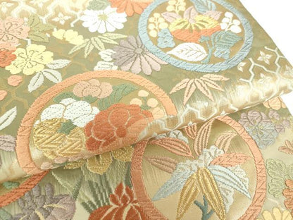 平和屋着物●六通柄袋帯 唐織 雲取花の丸 金糸 正絹 逸品 DAAV6888ps