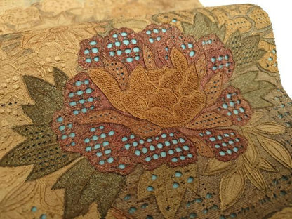 平和屋着物●中国三大刺繍　スワトウ相良刺繍　汕頭相良刺繍　総刺繍　太鼓柄袋帯　紬地　色紙重ね花文　金彩　正絹　逸品　DAAV6913ps