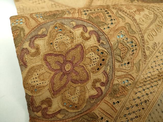 平和屋着物●中国三大刺繍　スワトウ相良刺繍　汕頭相良刺繍　総刺繍　太鼓柄袋帯　紬地　色紙重ね花文　金彩　正絹　逸品　DAAV6913ps