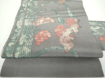 平和屋着物●九寸名古屋帯 葡萄蔦の葉文 鬼しぼ縮緬 正絹 逸品 DAAV6937ps
