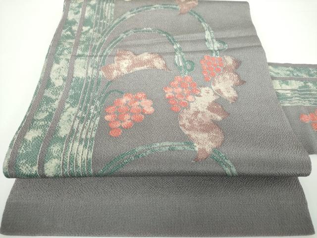 平和屋着物●九寸名古屋帯 葡萄蔦の葉文 鬼しぼ縮緬 正絹 逸品 DAAV6937ps