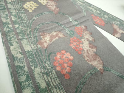 平和屋着物●九寸名古屋帯 葡萄蔦の葉文 鬼しぼ縮緬 正絹 逸品 DAAV6937ps