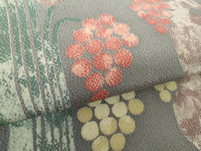 平和屋着物●九寸名古屋帯 葡萄蔦の葉文 鬼しぼ縮緬 正絹 逸品 DAAV6937ps