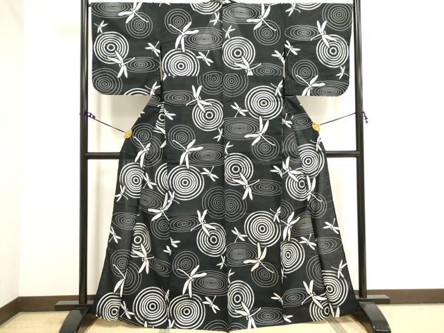 平和屋着物∴夏物　浴衣　綿紅梅　流水文　トンボ　黒地　綿　逸品　DAAV7296cd