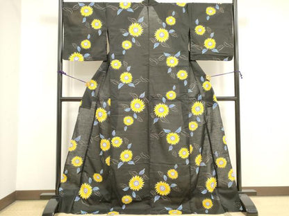 平和屋着物∴夏物 浴衣 ひまわり 向日葵 黒地 ロング丈 綿 逸品 DAAV7298cd