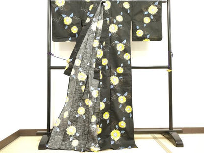 平和屋着物∴夏物 浴衣 ひまわり 向日葵 黒地 ロング丈 綿 逸品 DAAV7298cd