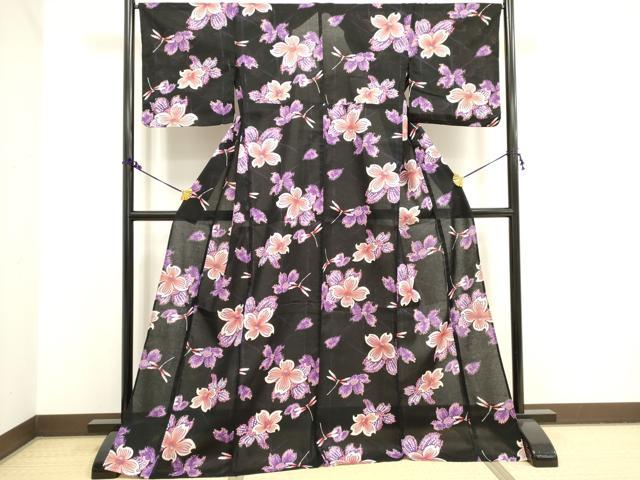 平和屋着物∴夏物 浴衣 綿紅梅 トンボ 舞花文 黒地 ロング丈 綿 逸品 DAAV7299cd