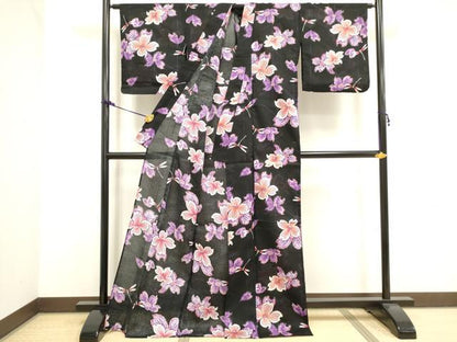 平和屋着物∴夏物 浴衣 綿紅梅 トンボ 舞花文 黒地 ロング丈 綿 逸品 DAAV7299cd