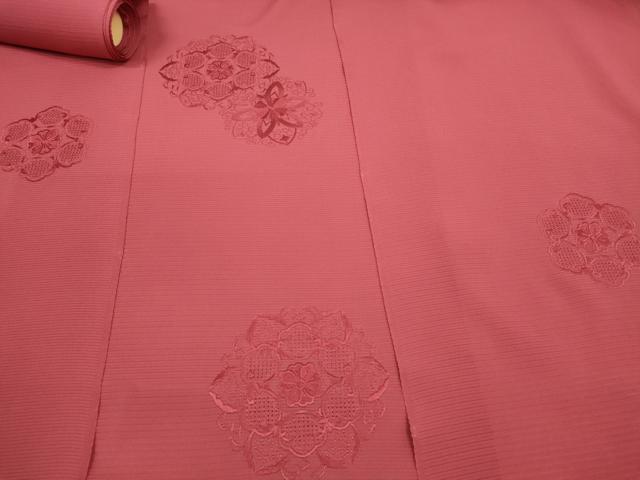 平和屋着物＊夏物 中国三大刺繍 汕頭刺繍 付下げ 反物 着尺 絽 堅牢染 正倉院花 臙脂色 逸品 未使用 DAAV8288zzz