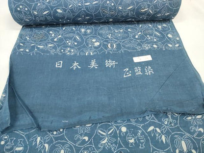 平和屋着物∴夏物 浴衣 反物 着尺 日本美術 正藍染 陶器花丸文 綿麻 逸品 未使用 DAAV8290zzz