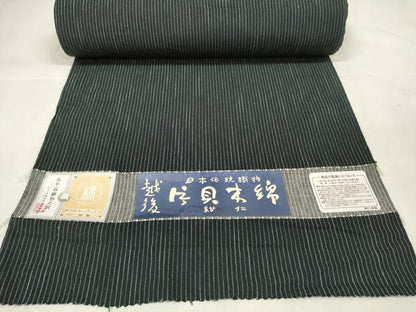 平和屋着物●小千谷　紺仁　越後片貝木綿　反物　着尺　縞　黒地　小千谷織物謹製　証紙付き　木綿　逸品　未使用　DAAV8409zzz