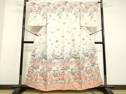 平和屋着物●訪問着　飛鶴霞草花文　暈し染め　金彩　正絹　逸品　DAAV8562tw