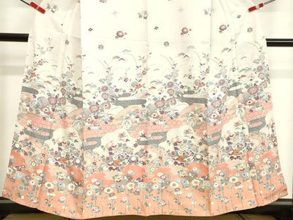平和屋着物●訪問着　飛鶴霞草花文　暈し染め　金彩　正絹　逸品　DAAV8562tw