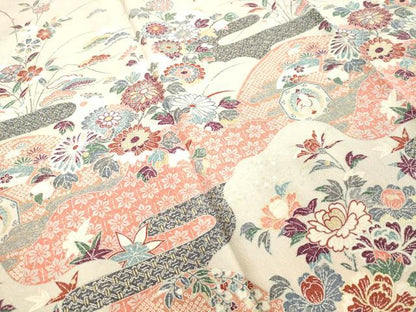 平和屋着物●訪問着　飛鶴霞草花文　暈し染め　金彩　正絹　逸品　DAAV8562tw