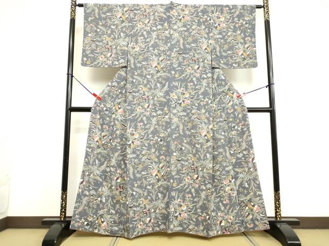 平和屋着物●上質な小紋　草花文　金彩　鬼しぼ縮緬　正絹　逸品　未使用　DAAV8566tw