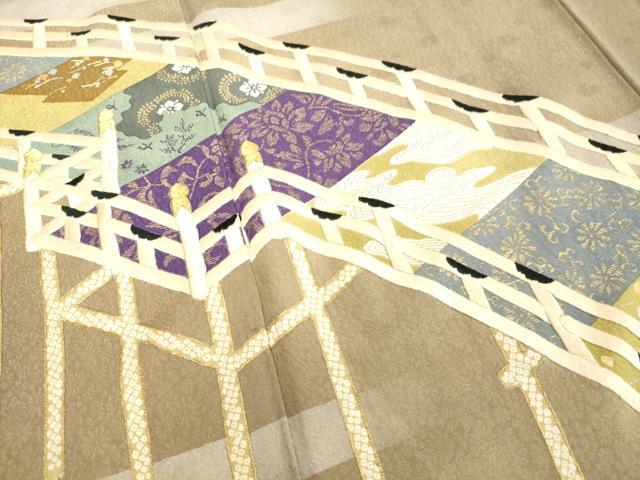 平和屋着物●ファッションデザイナー 花井幸子　色留袖　刺繍　渡橋草花文　金銀彩　正絹　逸品　DAAV8671tw
