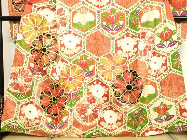 平和屋着物●豪華振袖　駒刺繍　亀甲草花文　金彩　正絹　逸品　DAAV8737tw