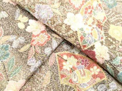 平和屋着物●上質な小紋　絞り　辻が花　扇面御所車文　金彩　正絹　逸品　未使用　DAAV8776tw