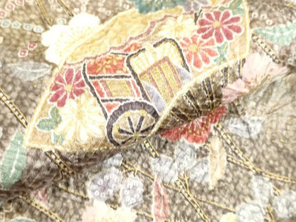 平和屋着物●上質な小紋　絞り　辻が花　扇面御所車文　金彩　正絹　逸品　未使用　DAAV8776tw