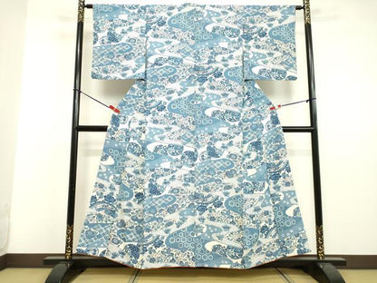平和屋着物●上質な小紋 藍 型染め 吉祥草花文 西武百貨店扱い 正絹 逸品 DAAV8818tw