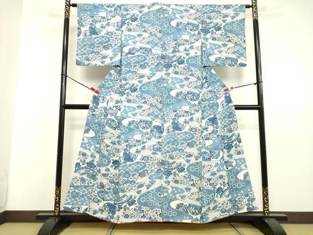 平和屋着物●上質な小紋 藍 型染め 吉祥草花文 西武百貨店扱い 正絹 逸品 DAAV8818tw