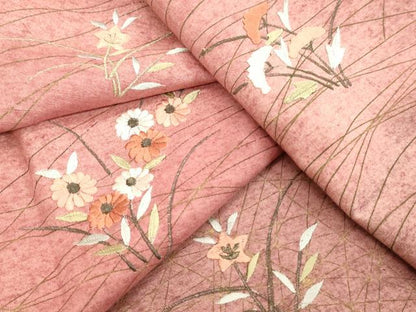 平和屋着物●訪問着 紬地 刺繍 草花文 金彩 正絹 逸品 DAAV8822tw