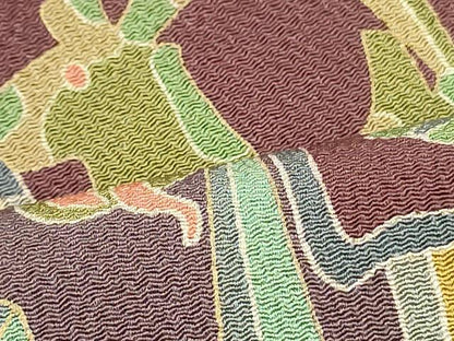 平和屋着物●全通柄九寸名古屋帯　型染め　成り物　幾何学間道　金彩　鬼しぼ縮緬　正絹　逸品　DAAV9428ob