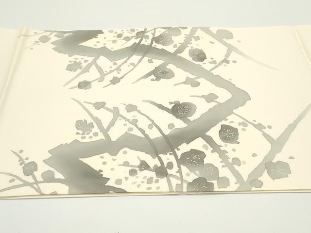 平和屋着物●塩瀬　九寸開き名古屋帯　手描き　枝花文　薄卵色　金銀彩　正絹　逸品　未使用　DAAV9045ob
