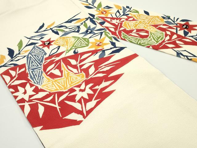 平和屋着物●九寸名古屋帯　型染め　松皮菱枝花文　いろは歌　鬼しぼ縮緬　正絹　逸品　DAAV9052ob