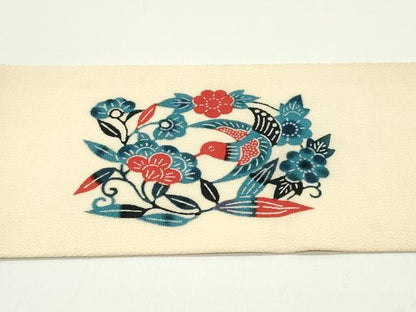平和屋着物●塩瀬　九寸名古屋帯　型染め　草木手染　花鳥唐草文　薄卵色　鬼しぼ縮緬　正絹　逸品　DAAV9058ob