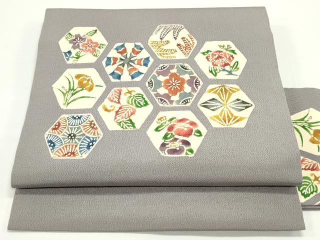 平和屋着物●塩瀬　九寸名古屋帯　型染め　亀甲草花文　薄色　鬼しぼ縮緬　正絹　逸品　DAAV9059ob
