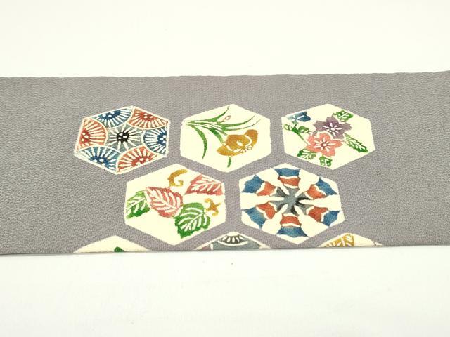 平和屋着物●塩瀬　九寸名古屋帯　型染め　亀甲草花文　薄色　鬼しぼ縮緬　正絹　逸品　DAAV9059ob