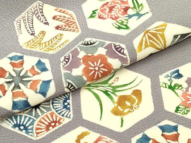 平和屋着物●塩瀬　九寸名古屋帯　型染め　亀甲草花文　薄色　鬼しぼ縮緬　正絹　逸品　DAAV9059ob